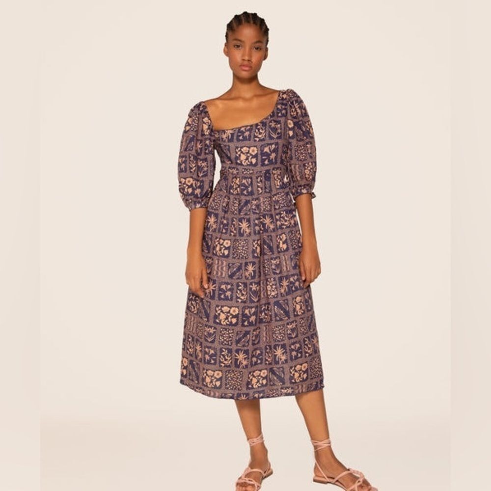 Agua by Agua Bendita Mineira Ipanema Indigo Midi Dress Linen Asymmetrical- Small